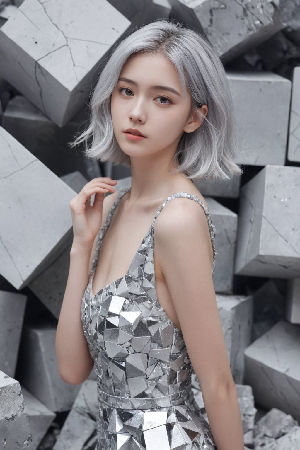 raw, photo, realistic BREAK 1girl,silver hair,beautiful facial features,silver dress,standing,cube,debris,stone,floating objects,geometric object,silver theme,dreamy mottled background,depth of field gradient,close-up,More Reasonable Details