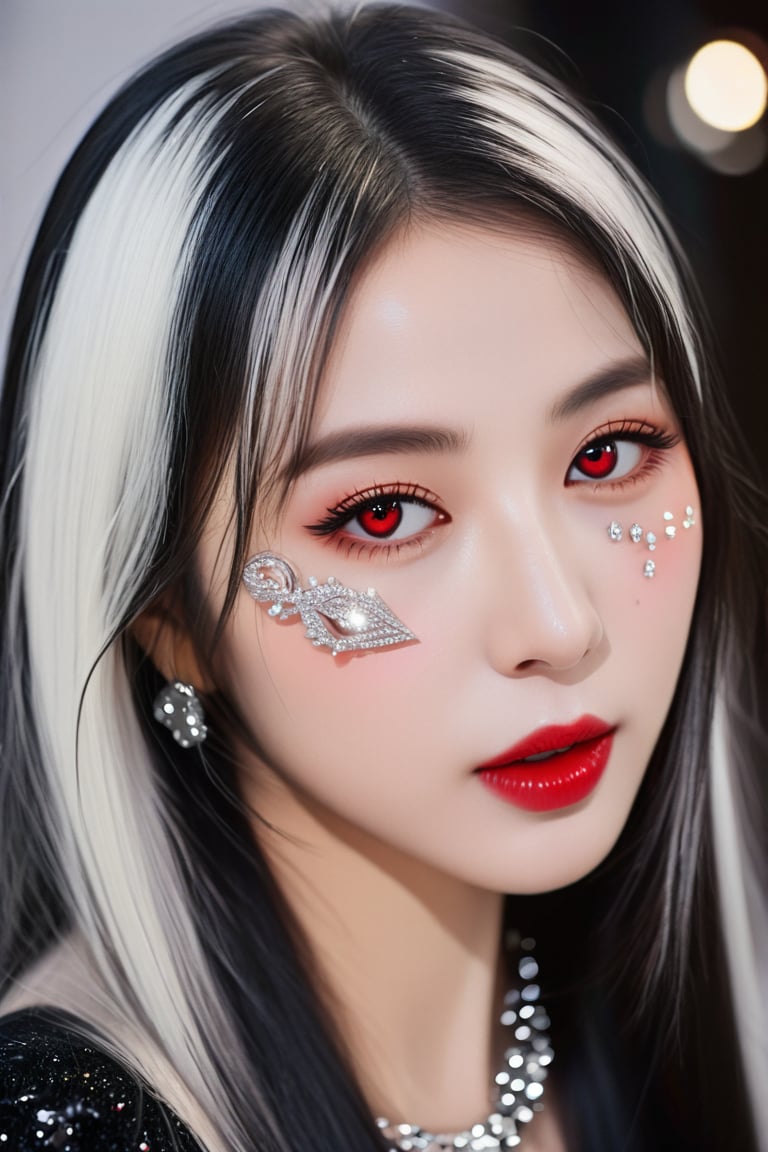 Best quality, 4K, 8K, high-resolution, masterpiece, ultra-detailed, photorealistic, a close up of a woman's face with black and white hair, glowing eyes, and lots of glitter, 1girl, long hair, red eyes, jewelry, black hair, blurry, eyelashes, lips, colored skin, depth of field, straight hair, cosmic background, portrait, gem, silver skin