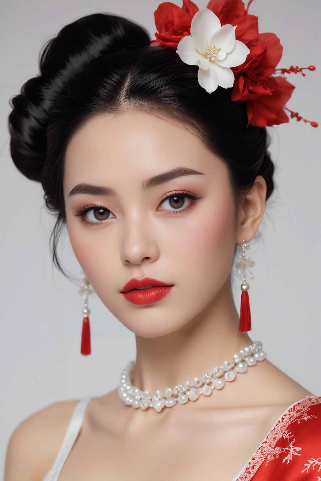 (masterpiece, top quality, best quality, official art, beautiful and aesthetic:1.2),meixue, 1girl, hair ornament, solo, jewelry, earrings, beads, looking at side, flower, black hair, make up, chinese clothes, from side, red lips, closed mouth, hair flower, pearl \(gemstone\), white background, upper body, tassel, hair bun