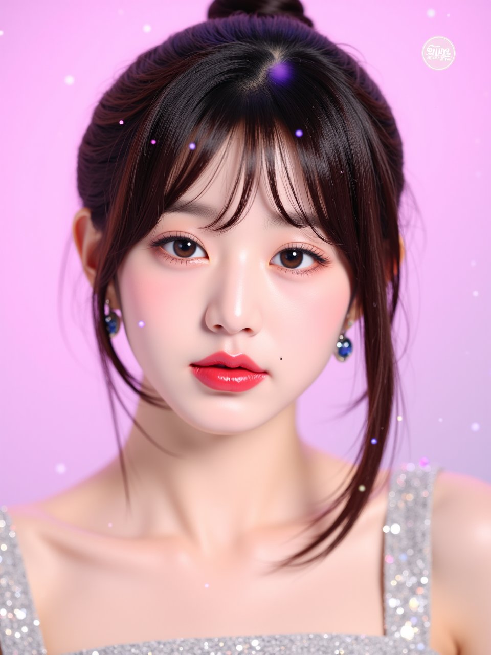 photorealistic,portrait of hubggirl, A South Korean K-pop girl with full body shot, 
The beautiful girl's gaze pierces through the frame, her bright, big, and vivid eyes sparkling with a fearless intensity. Her upper body is clothed in luxurious attire, shimmering with intricate details that seem to dance across her skin. Water droplets glisten on the light pink gradient background, refracting subtle hints of pink and purple. Tiny ink drops suspended in mid-air add an air of mystique, as delicate light particles swirl around her, infusing the atmosphere with a sense of wonder.