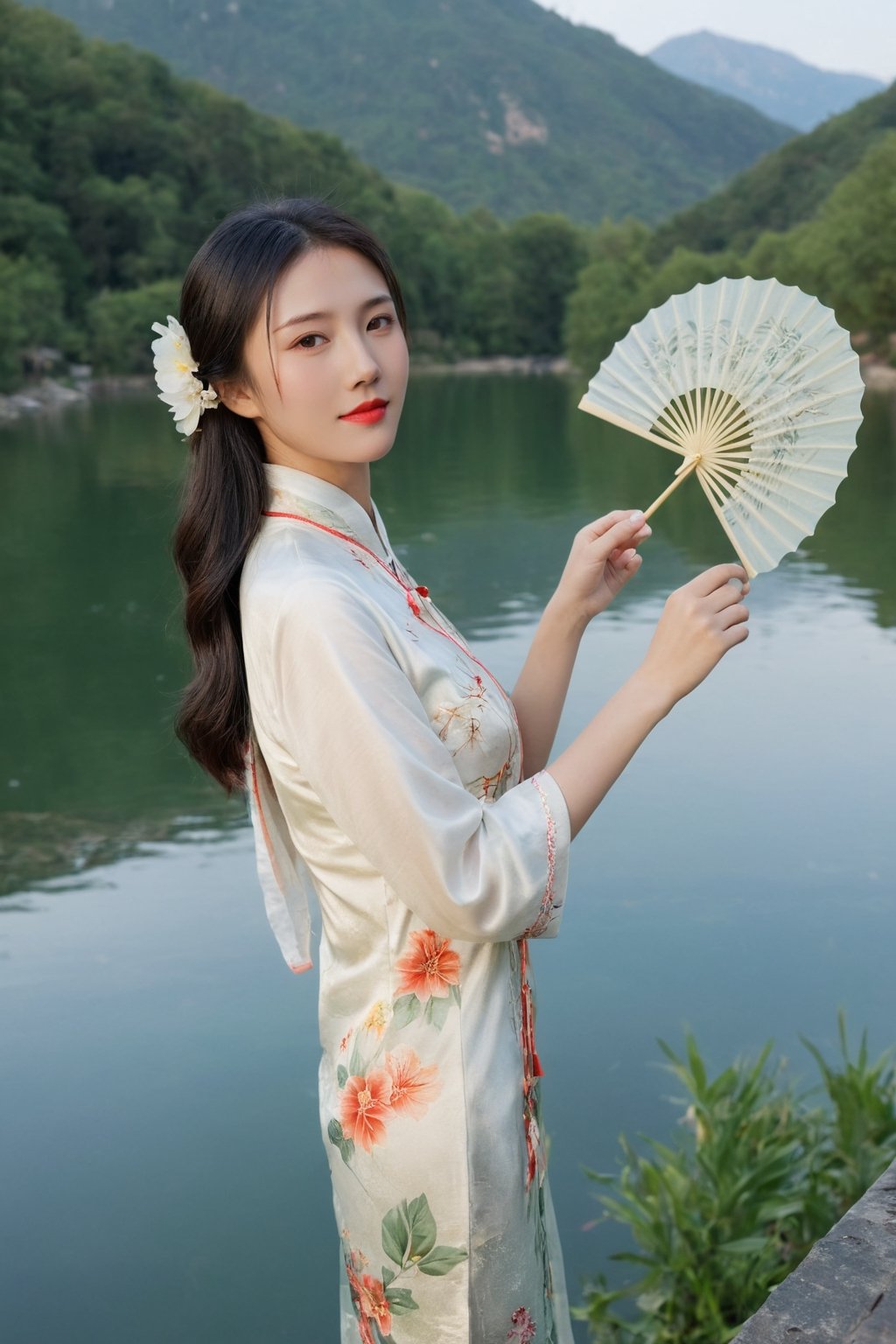 (ultra realistic,best quality),photorealistic,Extremely Realistic, in depth, cinematic light,hubggirl,

Beautiful young Chinese woman, long wavy black hair, wearing a chic summer cheongsam with modern floral patterns, standing by a serene lake. She is holding a traditional Chinese paper fan, with a gentle smile on her face. The scene is set during golden hour, with the sun casting a soft, warm light, enhancing the vibrant colors of the flowers and the reflective water surface, capturing a tranquil and elegant summer evening.

dynamic poses, particle effects, perfect hands, perfect lighting, vibrant colors, intricate details, high detailed skin, intricate background, realism, raw, analog, taken by Sony Alpha 7R IV, Zeiss Otus 85mm F1.4, ISO 100 Shutter Speed 1/400,

