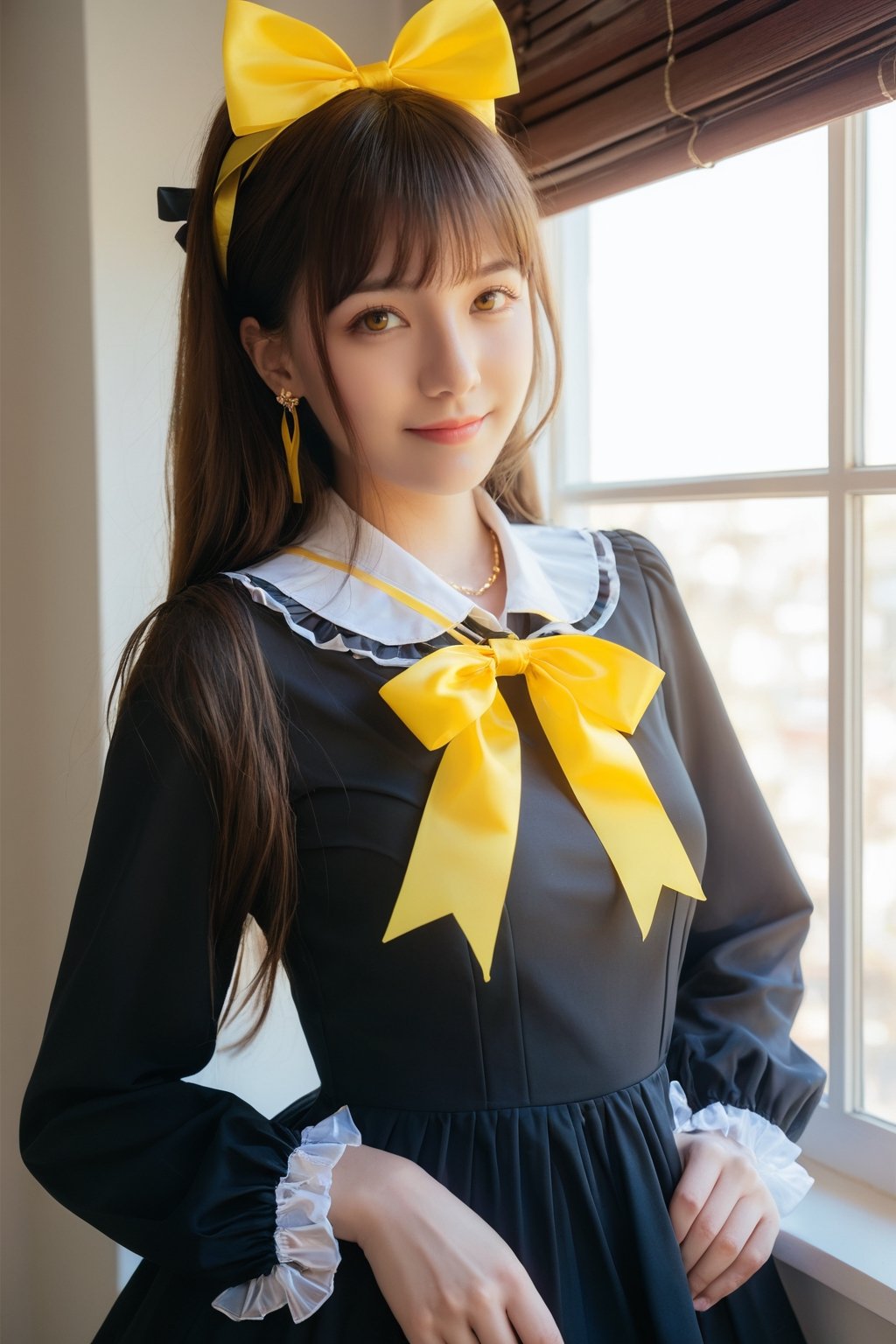 1girl, solo, long hair, looking at viewer, blush, smile, bangs, brown hair, shirt, long sleeves, dress, ribbon, jewelry, closed mouth, yellow eyes, upper body, earrings, frills, hand up, twitter username, black dress, window, neck ribbon, floating hair, yellow ribbon,
surreal dramatic lighting shadow (lofi, analog), kodak film by Brandon Woelfel Ryan McGinley,
