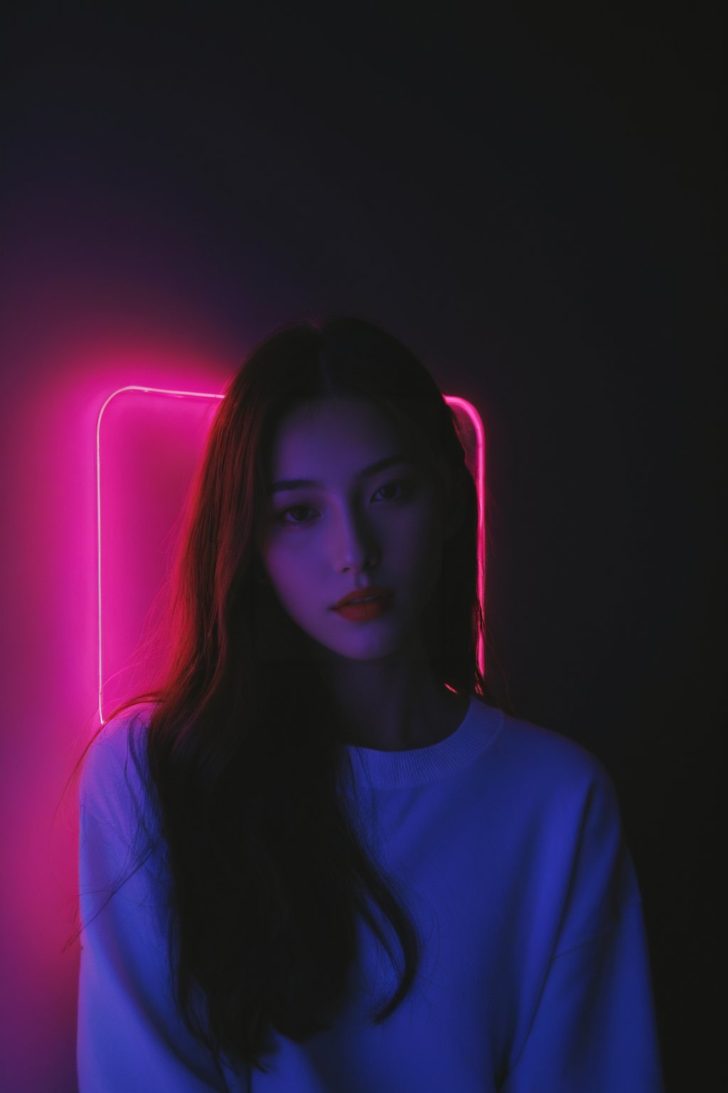 photograph, Neon Light, Dark hue, Iphone X, telephoto lens, Conceptual girl, volumetric lighting