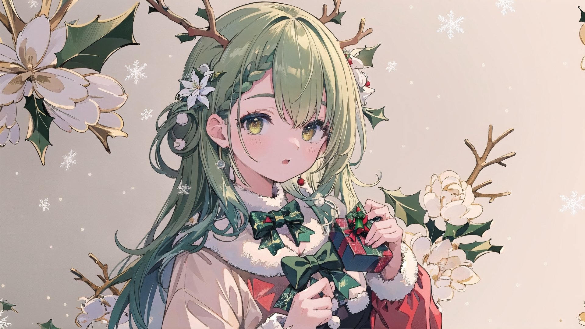 //Quality
(((best quality, 8k wallpaper))), ((masterpiece, ultra-detailed)), good hands,

//Charater
1girl, solo, pretty, (Ceres Fauna, long hair, braided bangs, hair flower), 
FaunaBase, long hair, braided bangs, hair flower,

// Style
((christmas))

// Background
((detailed background)), extremely delicate and beautiful, midjourney, yofukashi background, 