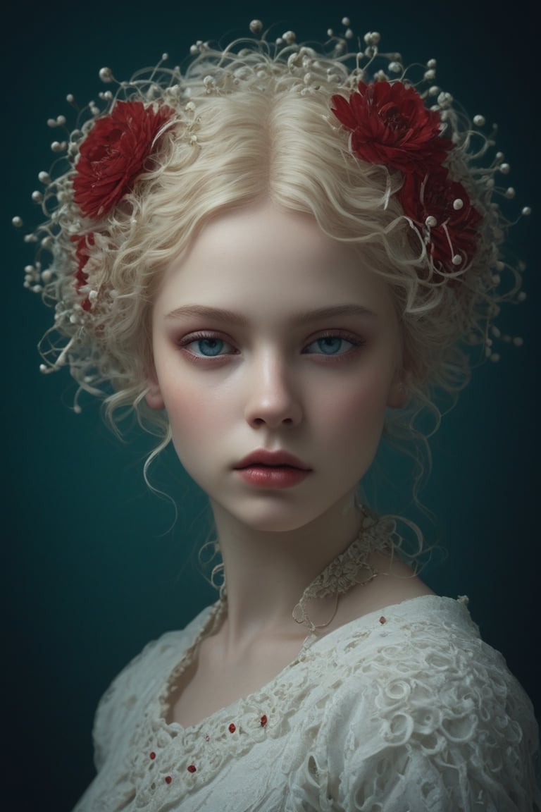 (Portrait of a female), reborn from chaos, full body, white dress clothing, blonde short hair, detailed eyes, (abstract blue background with light effects). image depicts a striking portrait of antique doll elements. red-colored flowers around her hair and dress. The colors are rich and contrasted, primarily in shades of red, pale, and green, creating a dynamic and chaotic effect around her. ,colorful,color art