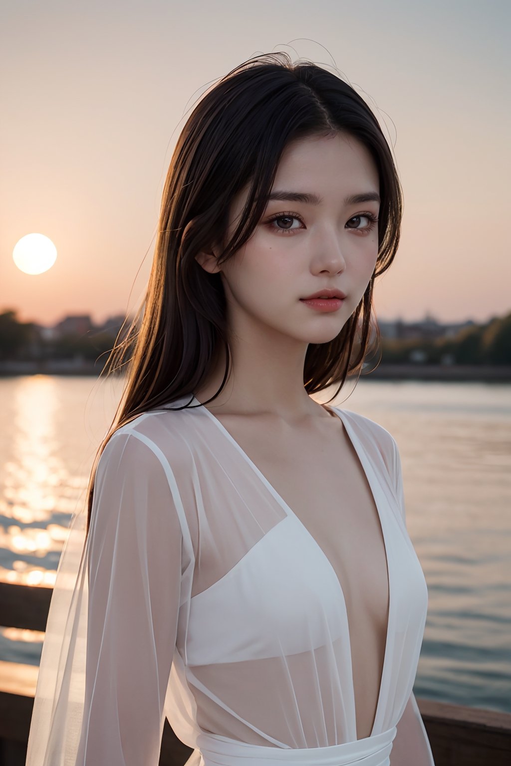 Photo of a 20 year old woman, highest realistic, real human skin, (oiled skin:1.0), very natural face, widely forehead, thick lips, thin eyes, thin eyebrows, thin nose, little smile, sheer clothes, cinematic lighting. near a lake at sunset, f1 lens .3, cinestill 800, (view from side:0.8), looking at viewer. 