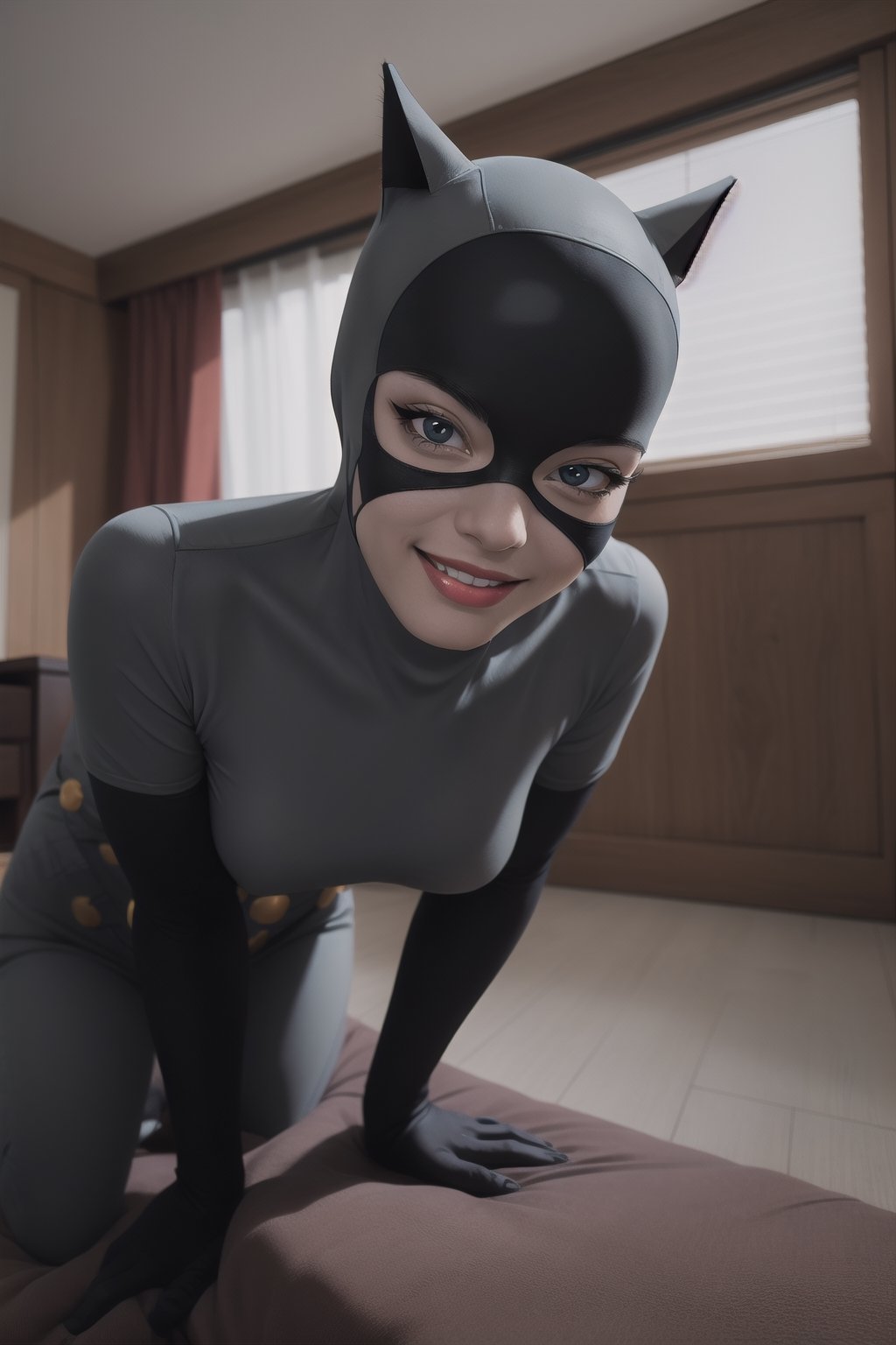 catwoman, detailed eyes, perfect face, frontal view, looking_at_viewer, smile, full body, seducing, femdom, allure, midnight, private room