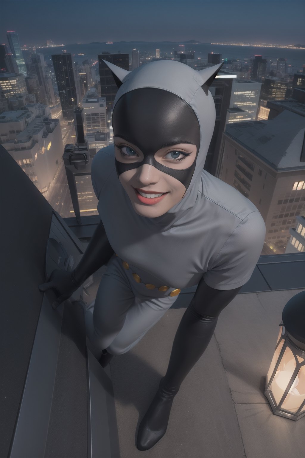 catwoman, detailed eyes, perfect face, frontal view, looking_at_viewer, smile, full body, seducing, allure, midnight, rooftop 