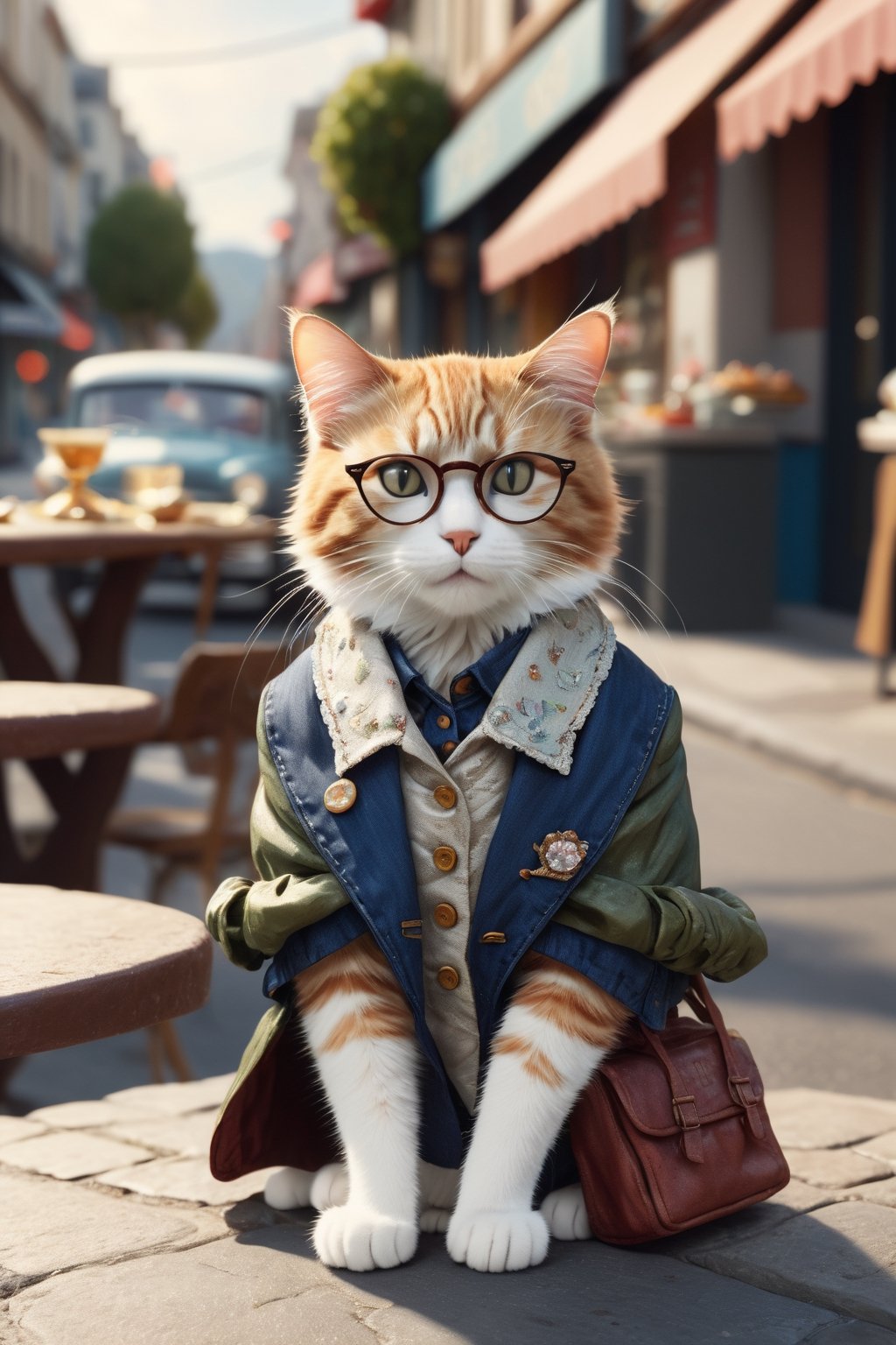 Envision an adorable and playful scene: A cat sits in a street front of a foodtable, adorned with glasses and a vintage jacket, resembling an intellectual little princess