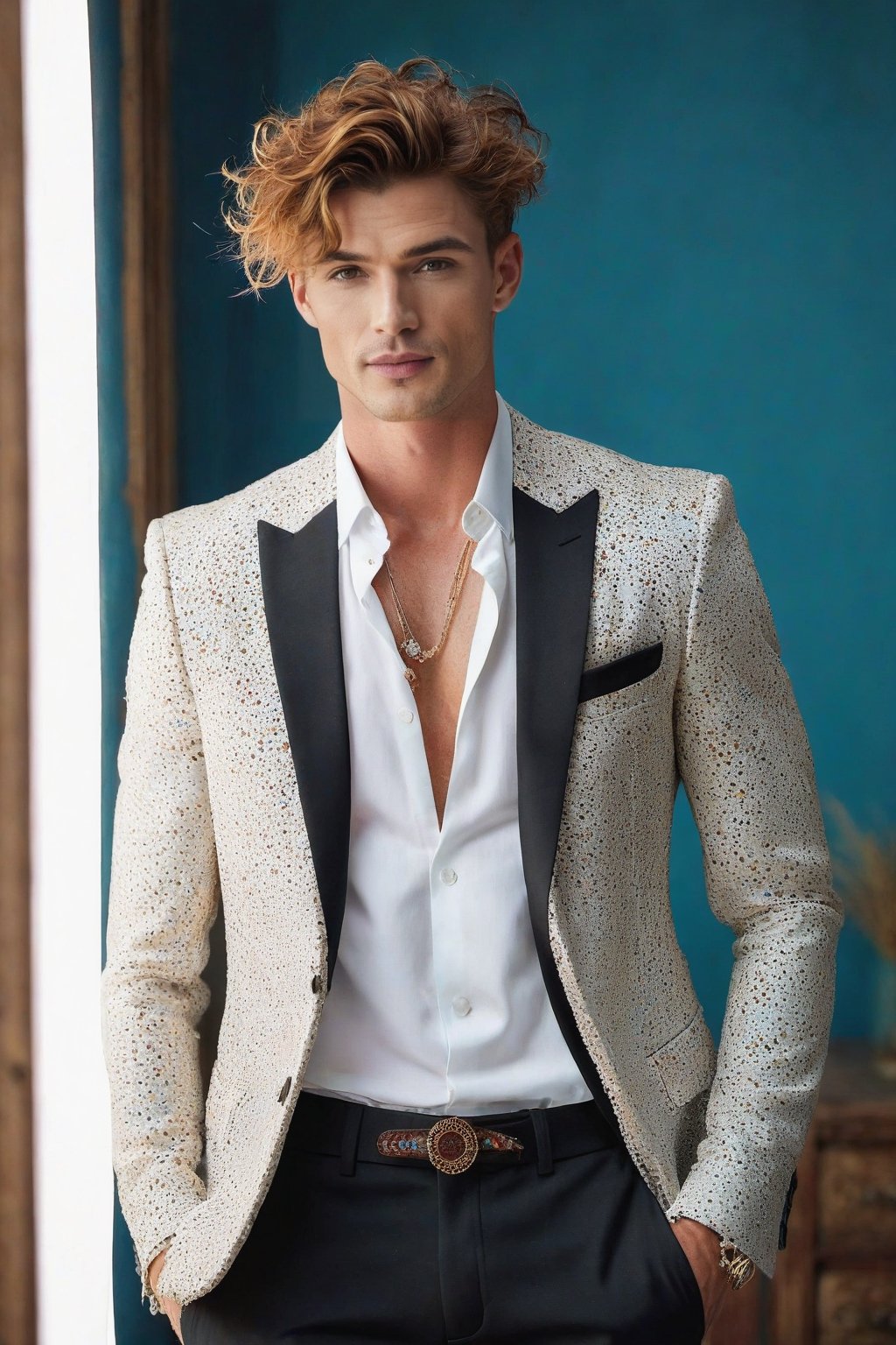((European male)), young, ((25 years old)), ((high school boy)), handsome, ((wave hair)), blue eyes, ((jawline)), ((freckle whole body)), ((showing upper body)), open upper chest, bohemian clothes style, bohemian jewelry, full body. in suit looking in the mirror