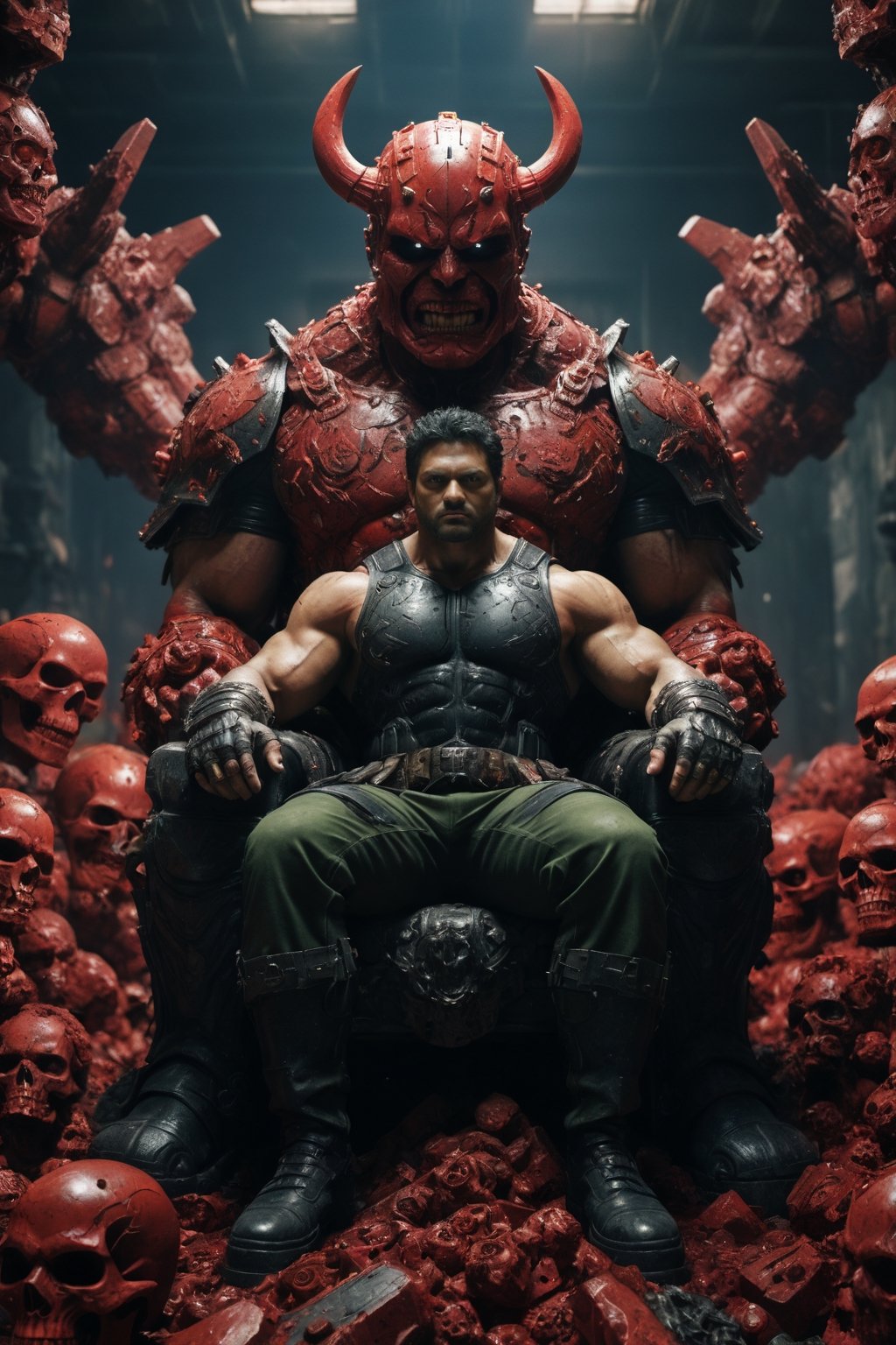 A legendary shot of hulk in a dark and gritty setting. He is sitting on a throne of skulls, surrounded by the detritus of battle. The pose is dynamic and engaging, with hulk looking directly at the viewer. The colors are vibrant and saturated, with a strong emphasis on red and black. The level of detail is incredible, with every skull and every piece of armor rendered in stunning realism. The image has been post-processed to add even more detail and atmosphere. The overall effect is one of ultra-realism and cinematic quality.

