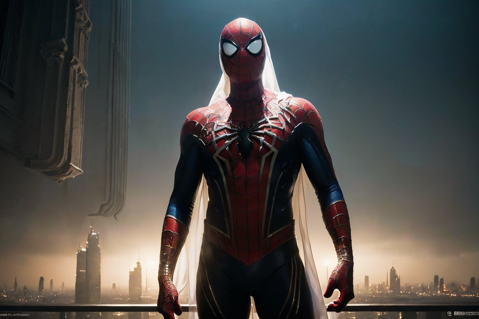 (best quality, 4k, 8k, highres, masterpiece:1.2), ultra-detailed, (realistic, photorealistic, photo-realistic:1.37), (A breathtaking 8K photorealistic concept art masterpiece, (Spiderman adorned in a stunning white and gold armor-style suit, unmasked, with a white cape billowing gracefully:1.3), Set against the backdrop of a highly detailed night cityscape, captured with perfect composition and sharp focus, (A cinematic vision of artistry:1.3), Bathed in soft, natural volumetric lighting, the chiaroscuro effect enhancing the intricate details of the suit, (A true award-winning photograph:1.3), Created in the style reminiscent of the great masters Raphael, Caravaggio, and modern visionaries like Greg Rutkowski, Beeple, Beksinski, and Giger, (A piece trending on ArtStation for its artistic brilliance:1.3), This oil on canvas marvel is a testament to artistic excellence, showcasing Spiderman as you've never seen him before, (An artistic achievement beyond compare:1.3)