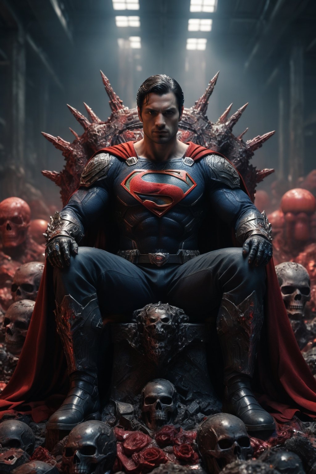 A legendary shot of superman in a dark and gritty setting. He is sitting on a throne of skulls, surrounded by the detritus of battle. The pose is dynamic and engaging, with superman looking directly at the viewer. The colors are vibrant and saturated, with a strong emphasis on red and black. The level of detail is incredible, with every skull and every piece of armor rendered in stunning realism. The image has been post-processed to add even more detail and atmosphere. The overall effect is one of ultra-realism and cinematic quality.

