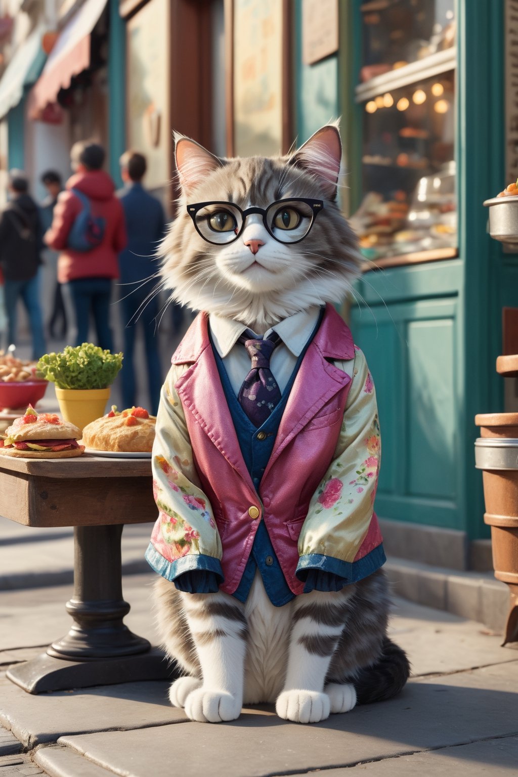 Envision an adorable and playful scene: A cat sits in a street front of a foodtable, adorned with glasses and a vintage jacket, resembling an intellectual little princess