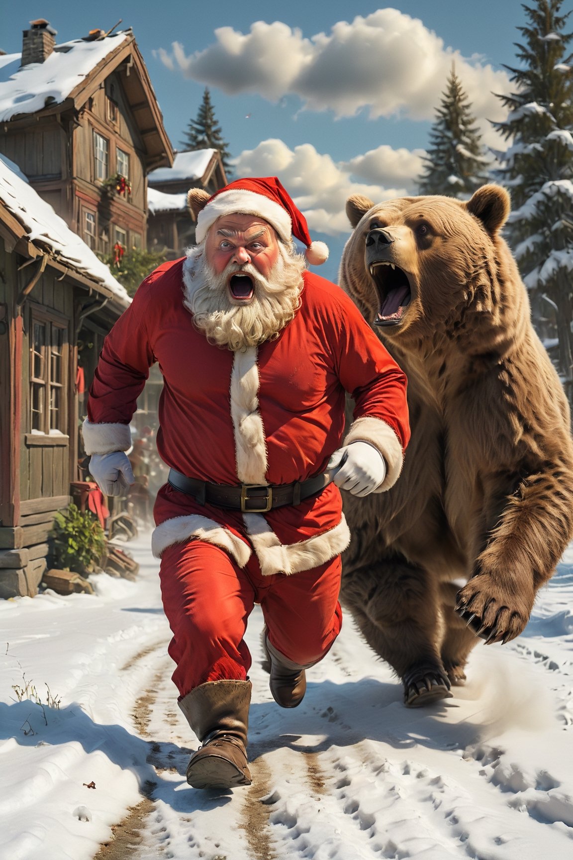 Santa running away from a brown bear,  scared face
, HDR, highly detailed, 32k,