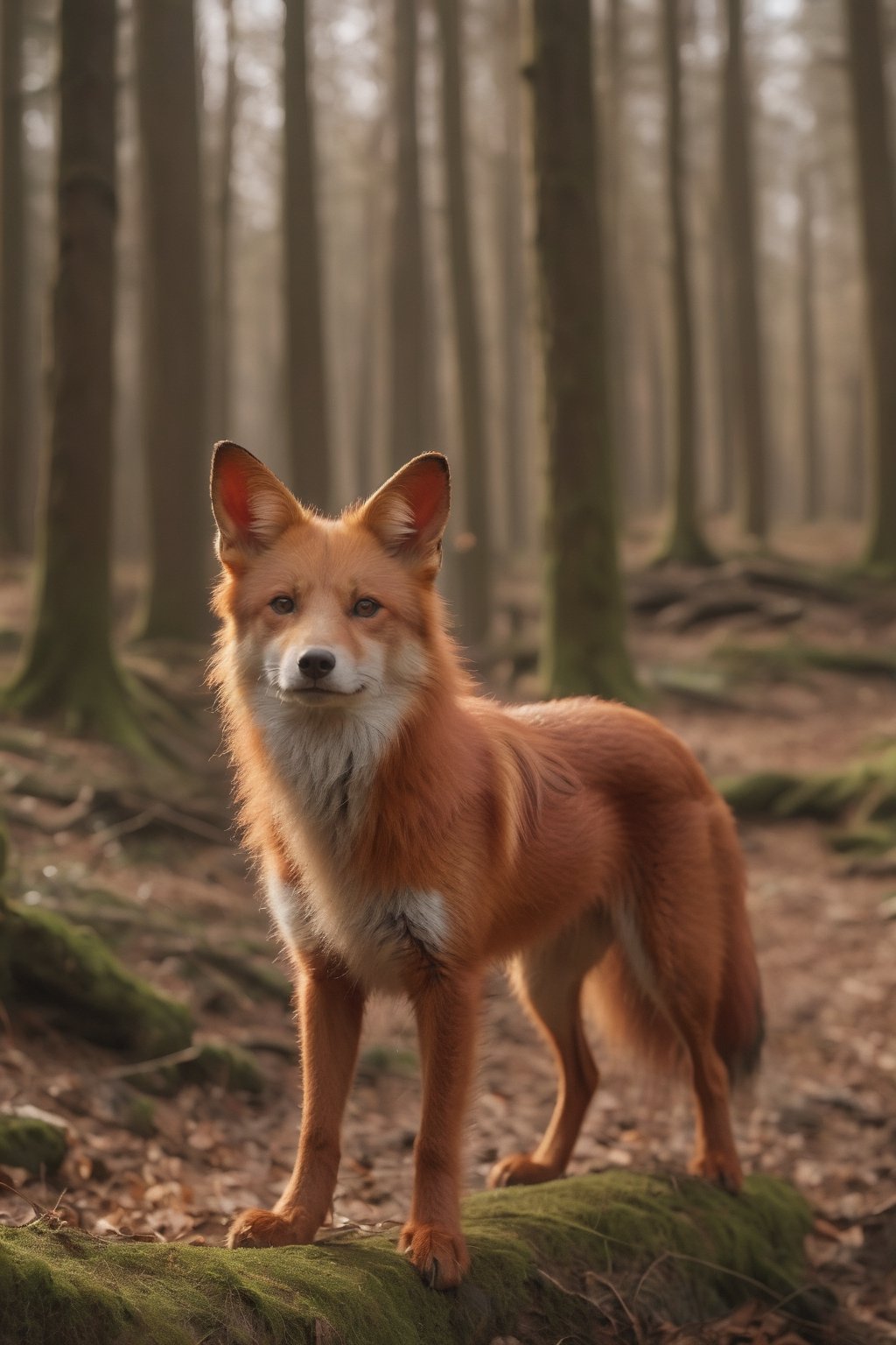 Realistic photo of the red [dog : fox with (long dog ears:1.8) : 8] in a forest. Soft fur, delicate wool. High quality, UHD, 8k, 4k, detailed, soft light, DSLR quality, stock quality, professional,  BBC world, running