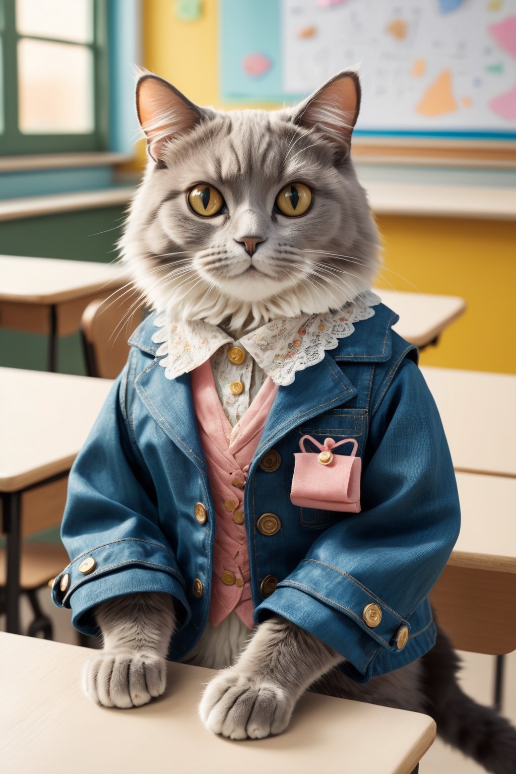 Envision an adorable and playful scene: A cat sits in a classroom front of a foodtable, adorned with glasses and a vintage jacket, resembling an intellectual little princess