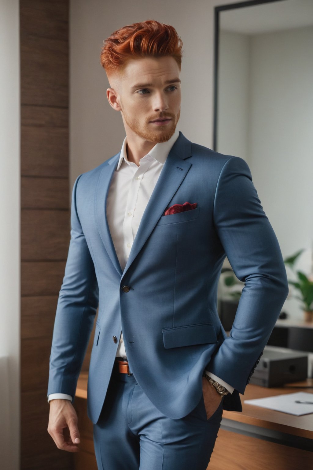 hyper-realistic photo, handsome fit muscles young man in office suit wear, photo on nikon Z7 on the hill, wave red hair, cozy bright room, film grain, f1. 8, home paradise,Extremely Realistic, in different poses, getting ready in front of mirror