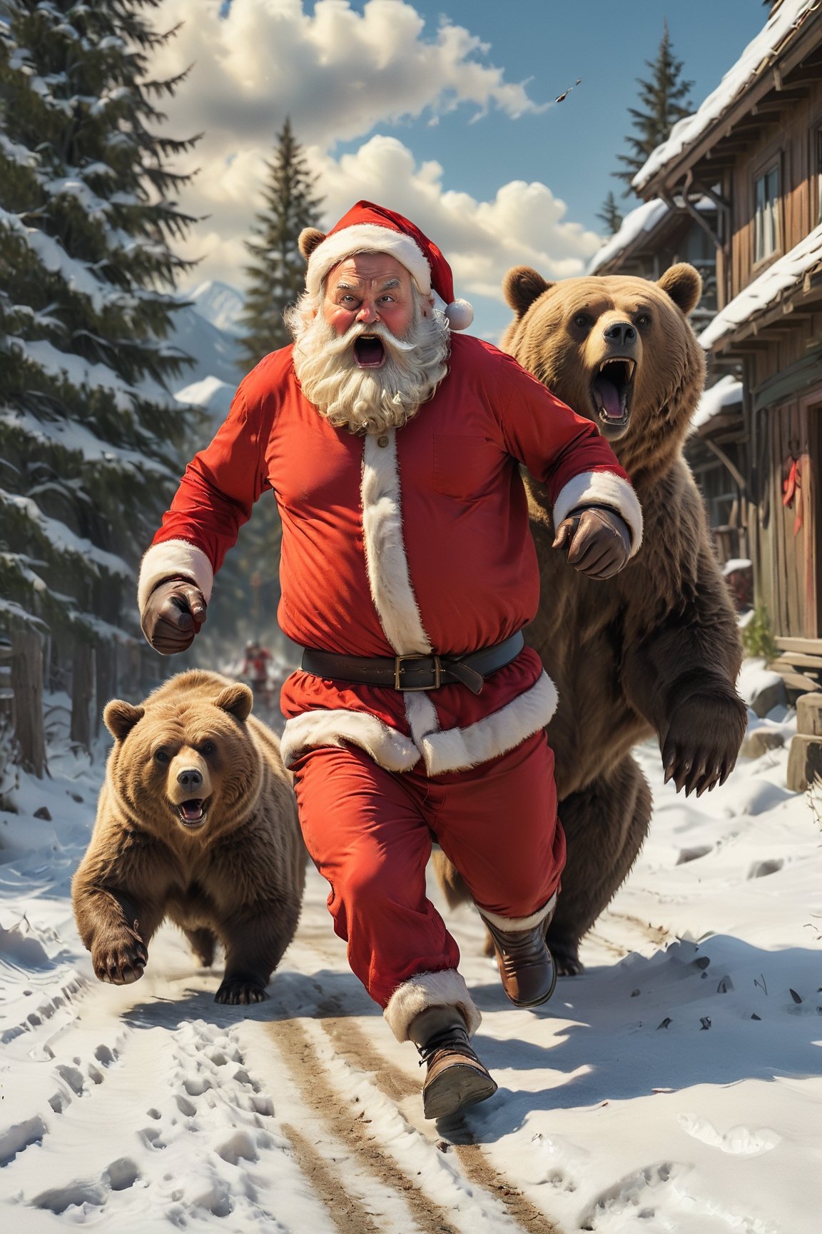 Santa running away from a brown bear,  scared face
, HDR, highly detailed, 32k,