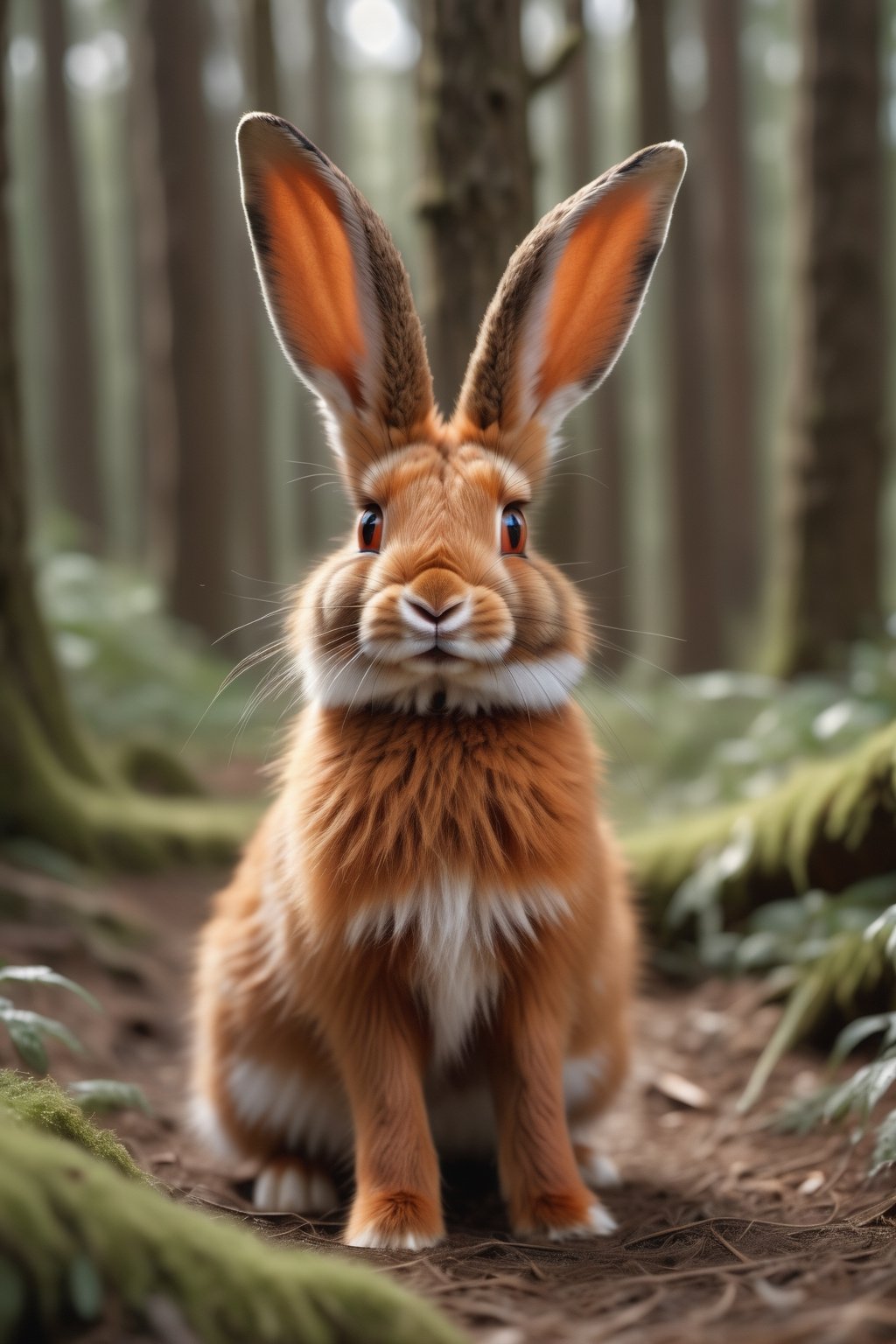 Realistic photo of the red [rabbit : fox with (long rabbit ears:1.8) : 8] in a forest. Soft fur, delicate wool. High quality, UHD, 8k, 4k, detailed, soft light, DSLR quality, stock quality, professional,  BBC world, running