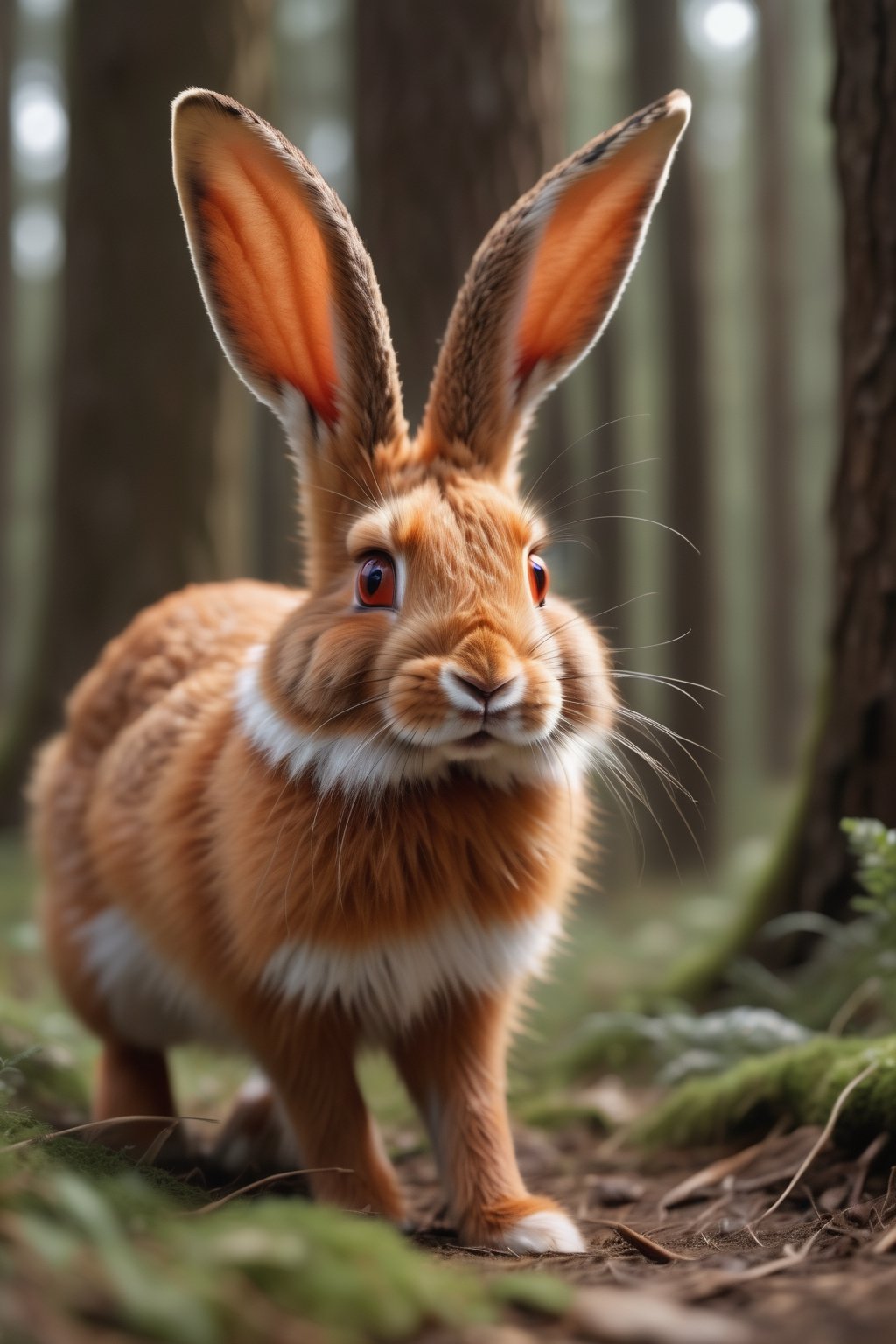 Realistic photo of the red [rabbit : fox with (long rabbit ears:1.8) : 8] in a forest. Soft fur, delicate wool. High quality, UHD, 8k, 4k, detailed, soft light, DSLR quality, stock quality, professional,  BBC world, running