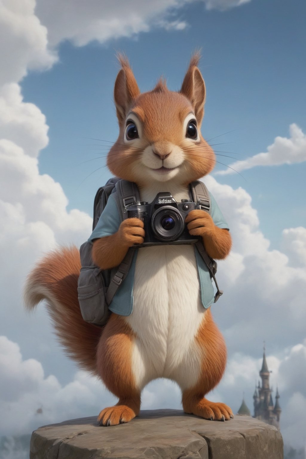 tiny squirrel with big giant backpack with camera in hands character, full body,  big puffu tail (((art by Aaron Jasinski))),   Enchanted Masterpiece, fantasy-core, Award-Winning, Masterpiece, contrast, faded , soft colors, Enchanted Masterpiece, Award-Winning, Masterpiece, contrast, faded, clouds background
    