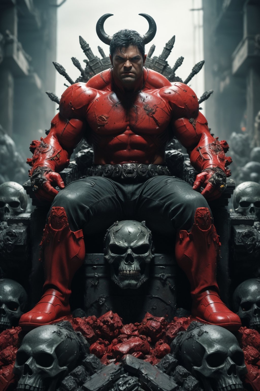 A legendary shot of hulk in a dark and gritty setting. He is sitting on a throne of skulls, surrounded by the detritus of battle. The pose is dynamic and engaging, with hulk looking directly at the viewer. The colors are vibrant and saturated, with a strong emphasis on red and black. The level of detail is incredible, with every skull and every piece of armor rendered in stunning realism. The image has been post-processed to add even more detail and atmosphere. The overall effect is one of ultra-realism and cinematic quality.

