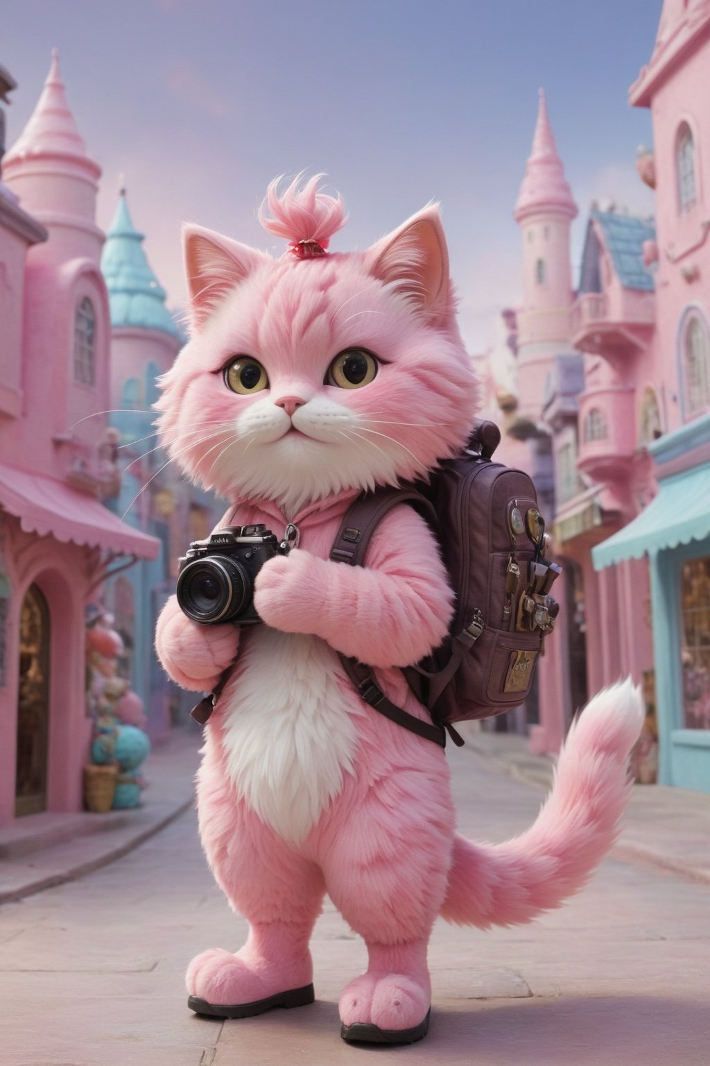 tiny pink cat with big giant backpack with camera in hands character, full body,  big puffu tail (((art by Aaron Jasinski))),   Enchanted Masterpiece, fantasy-core, Award-Winning, Masterpiece, contrast, faded , soft colors, Enchanted Masterpiece, Award-Winning, Masterpiece, contrast, faded, city 
and ice cream shope background
    ,more detail XL