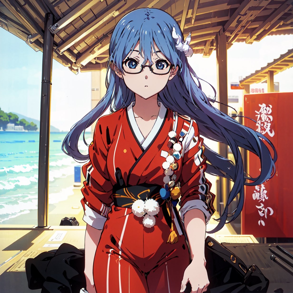 ((masterpiece, best quality, highres)), perfect face, 1girl, solo, super long hair, wear glasses, , on the beach, Kyoto animation style,best quality,Maruyama Akane