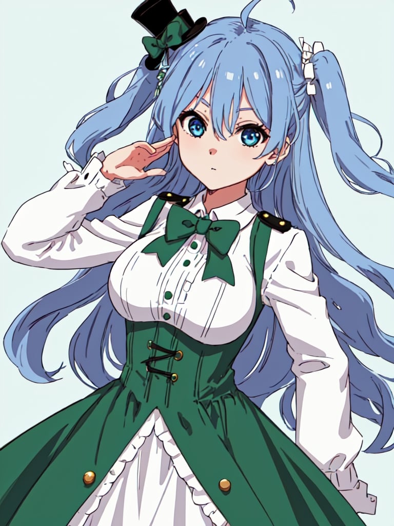 1girl, blue hair, very long curly hair, (two side up), blue eyes, big breasts, (two green bows on head), (green Top Hat), choker, ahoge, , solo, looking at viewer, bangs, green crop tops,, standing, stylish pose, cowboy_shot, white hair, multicolored hair, green suit jakets, two-tone hair, green dress, gothic_lolita, hand in pocket, Celtic,
Picture a woman standing, stylish pose, sleeves rolled up, front view, Clover pattern background, 
cowboy_shot, master piece, best quality, super detail, hyper detail, ,Maruyama Akane