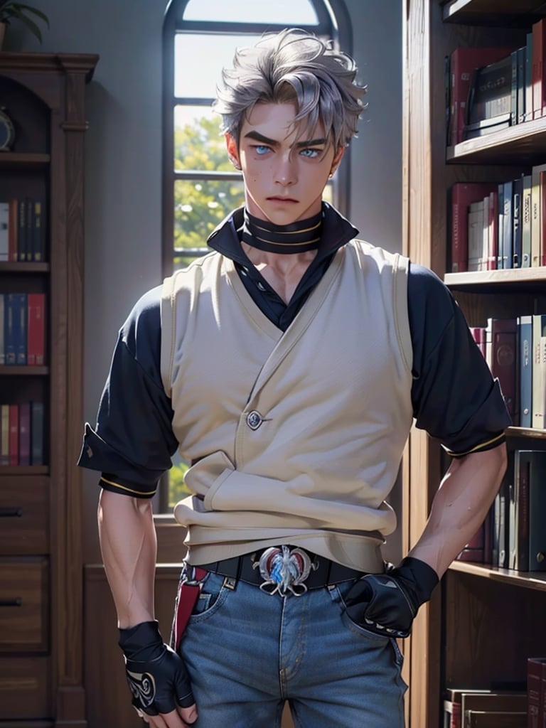 masterpiece, best quality, highres, detailled background, in a library, indoors, 1boy, whole body, wriothesley (short silver messy hair, blue eyes, White short sleeve sweatshirt, yellow belt,black gloves, Gray casual jeans, white sneakers,  black vest jacket), looking at viewer, serious expression, hand on hip, sweaty,1guy