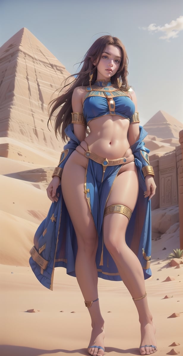 (masterpiece), 1girl, best quality, expressive eyes, perfect face, wide hips, blue eyes,  ,narrow waist,substitute_teacher, full_body , looking-at-viewer,mascaraTears,Sexy Pose,Styles Pose,egypt, desert background, upper body,( from below), female crowd in the background,