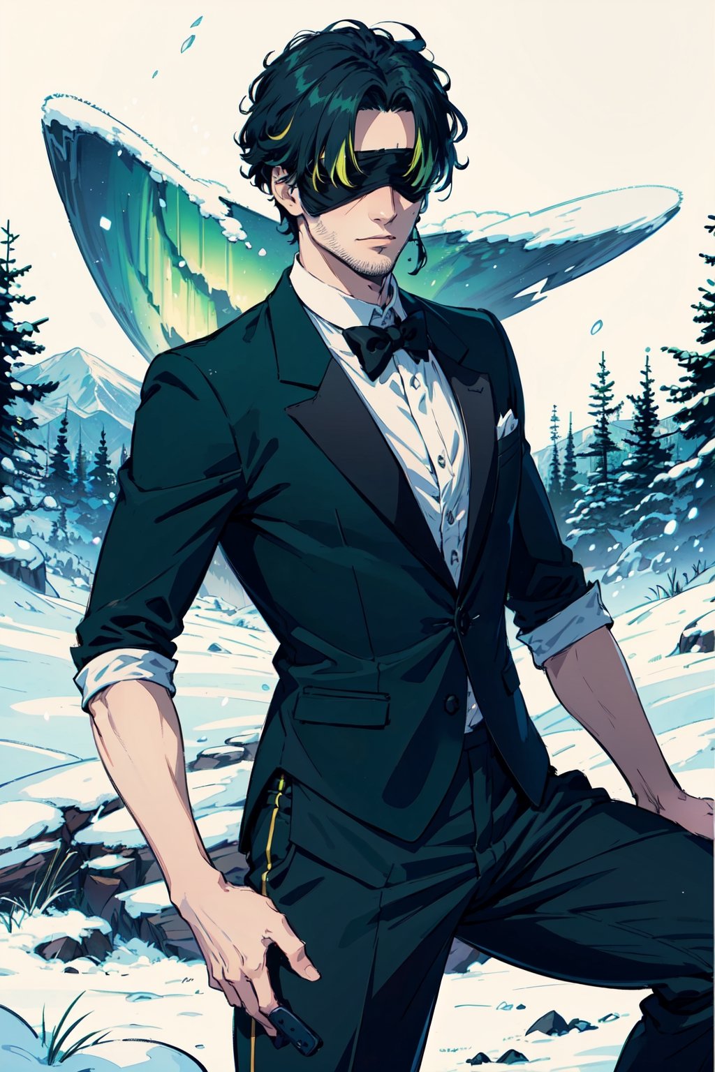 (masterpiece),1boy,vivid,a handsome maestro man, black blindfold cover all his eyes, wearing slick green tuxedo,wavy undercut hair,multicolored hair,green bangs,black anklepants,. 20 years old, thin beard, black silver wand,aurora,snow mountain, forest,solo,white background,evil face,prince vibe