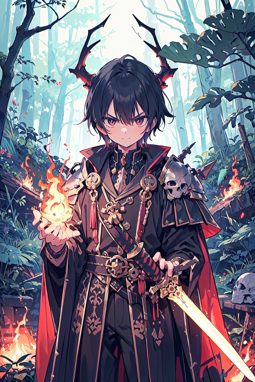 Boy, a warrior, wearing a luxurious emperor's outfit. Medium-parted short hairstyle cute skeleton wide eyes Furrowed brows and mischievous smiles, a skull rod, and a fire forest sword of magic in the background.
It's all a skeleton.
 high-quality rendering, showcasing he personality and unique features serious face expression 
