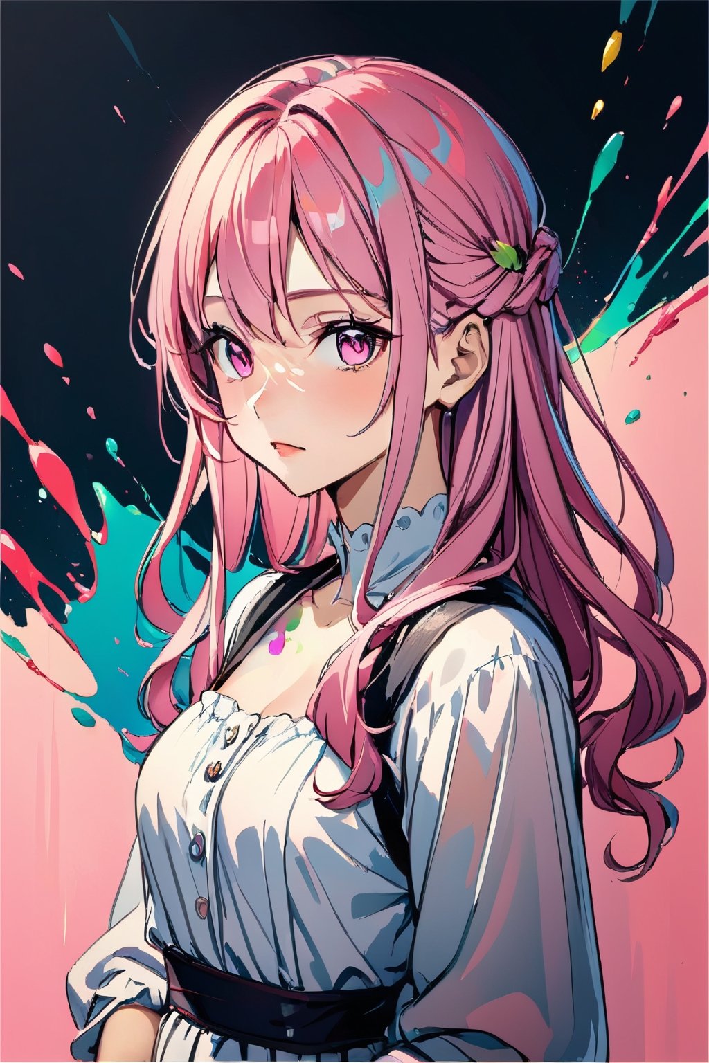 Light pink hair, pink eyes, pink and white, sakura leafs, vivid colors, white dress, paint splash, simple background, ray tracing, wavy hair