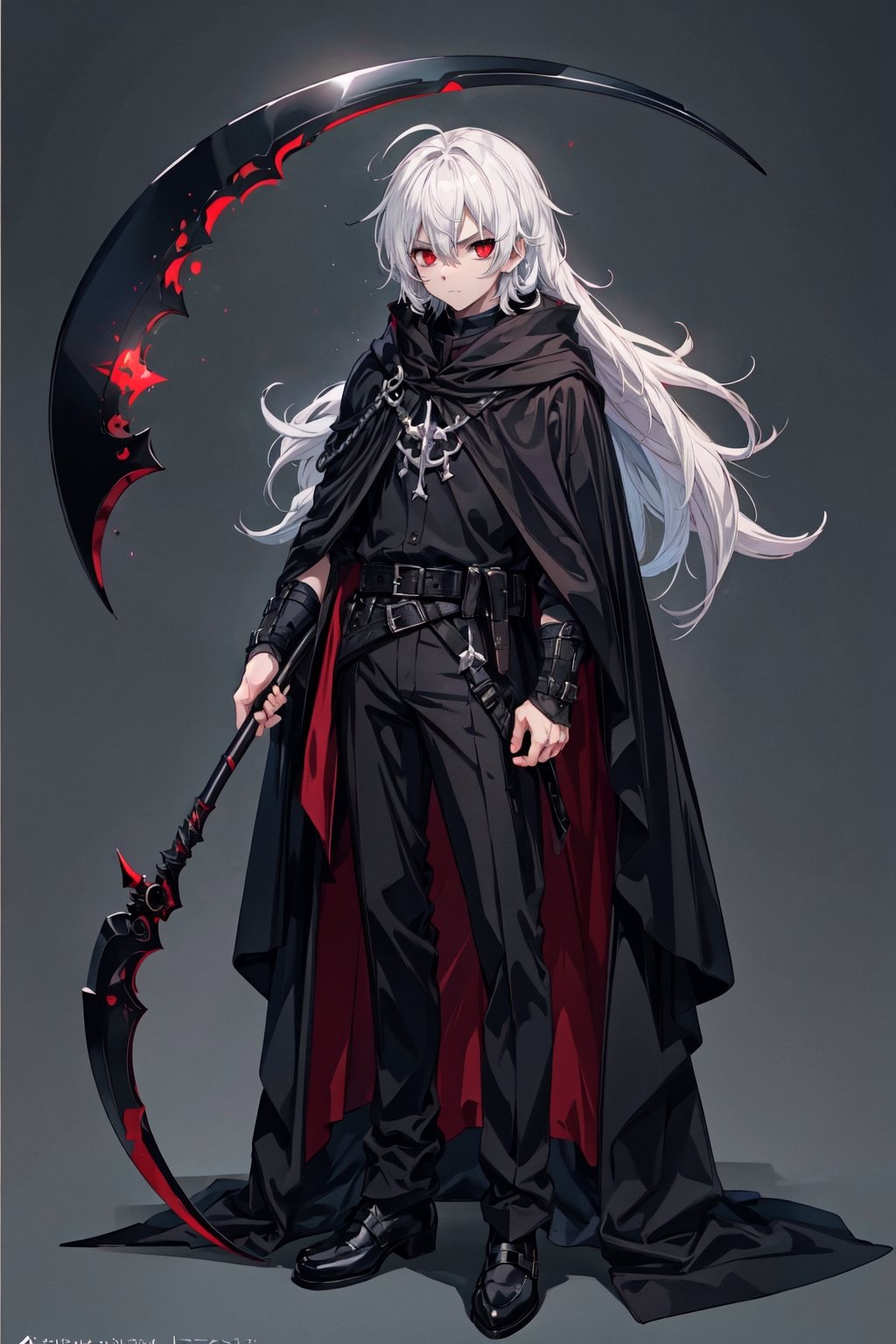 4K, UHD, A men with red eyes,  white hair, fullbody, black shoes, anime style 
.
 Best quality rendering, serious .
Black cloak, black purple aura, perfect scythe, pastel background 