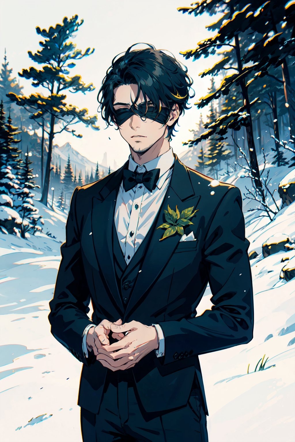 (masterpiece),1boy,vivid,a handsome maestro man, black blindfold cover all his eyes, wearing slick green tuxedo,wavy undercut hair,multicolored hair,green bangs,black anklepants,. 20 years old, thin beard, black silver wand,aurora,snow mountain, forest,solo,white background,evil face,prince vibe,midjourney