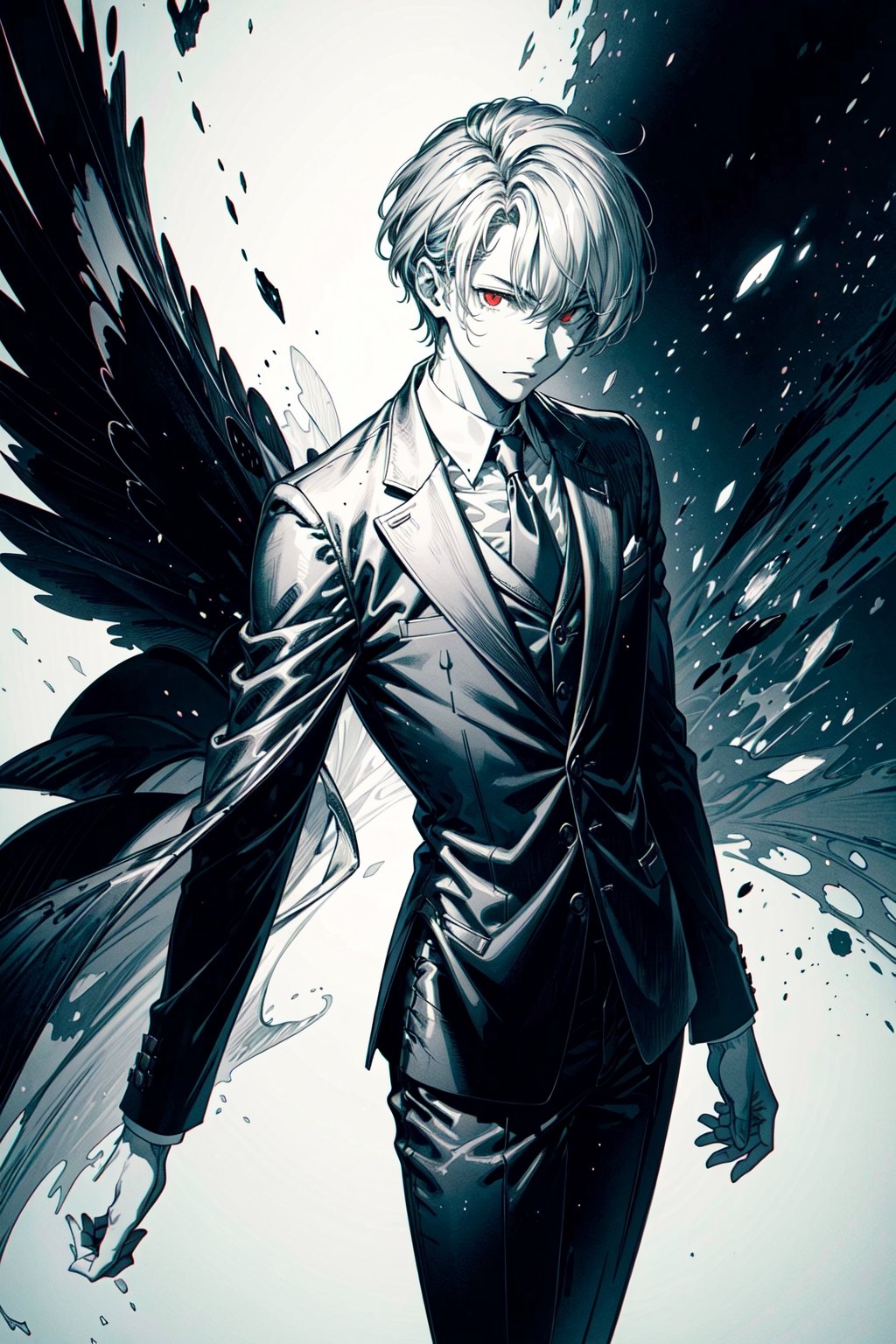 ((masterpiece, best quality)),(monochrome art),1men,silver hair,red eyes,professor outfit,Redayana, background in the tartarus