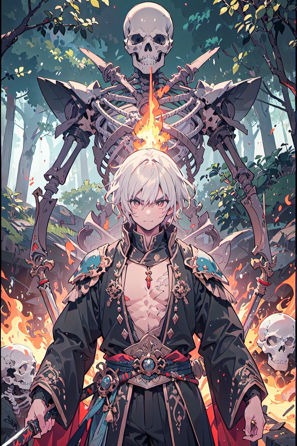 Boy, a warrior, wearing a luxurious emperor's outfit. Medium-parted short hairstyle cute skeleton wide eyes Furrowed brows and mischievous smiles, a skull rod, and a fire forest sword of magic in the background.
It's all a skeleton.
 high-quality rendering, showcasing he personality and unique features serious face expression 
