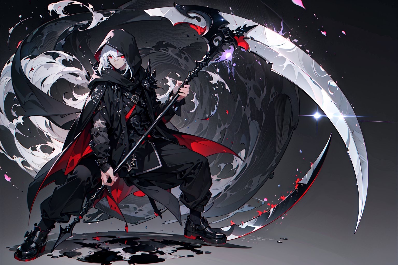 4K, UHD, A men with red eyes,  half black and white hair, fullbody, black shoes 
.
 Best quality rendering, serious .
Black cloak, black purple aura, perfect scythe, pastel background 