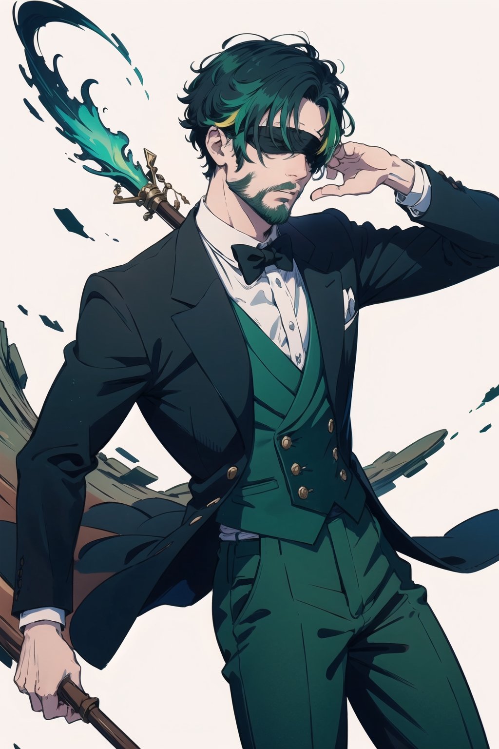 (masterpiece),1boy,vivid,a handsome maestro man, black blindfold cover all his eyes, wearing slick green tuxedo,wavy undercut hair,multicolored hair,green bangs,black anklepants,. 20 years old, thin beard, black silver wand,aurora,snow mountain, forest,solo,white background,evil face,prince vibe