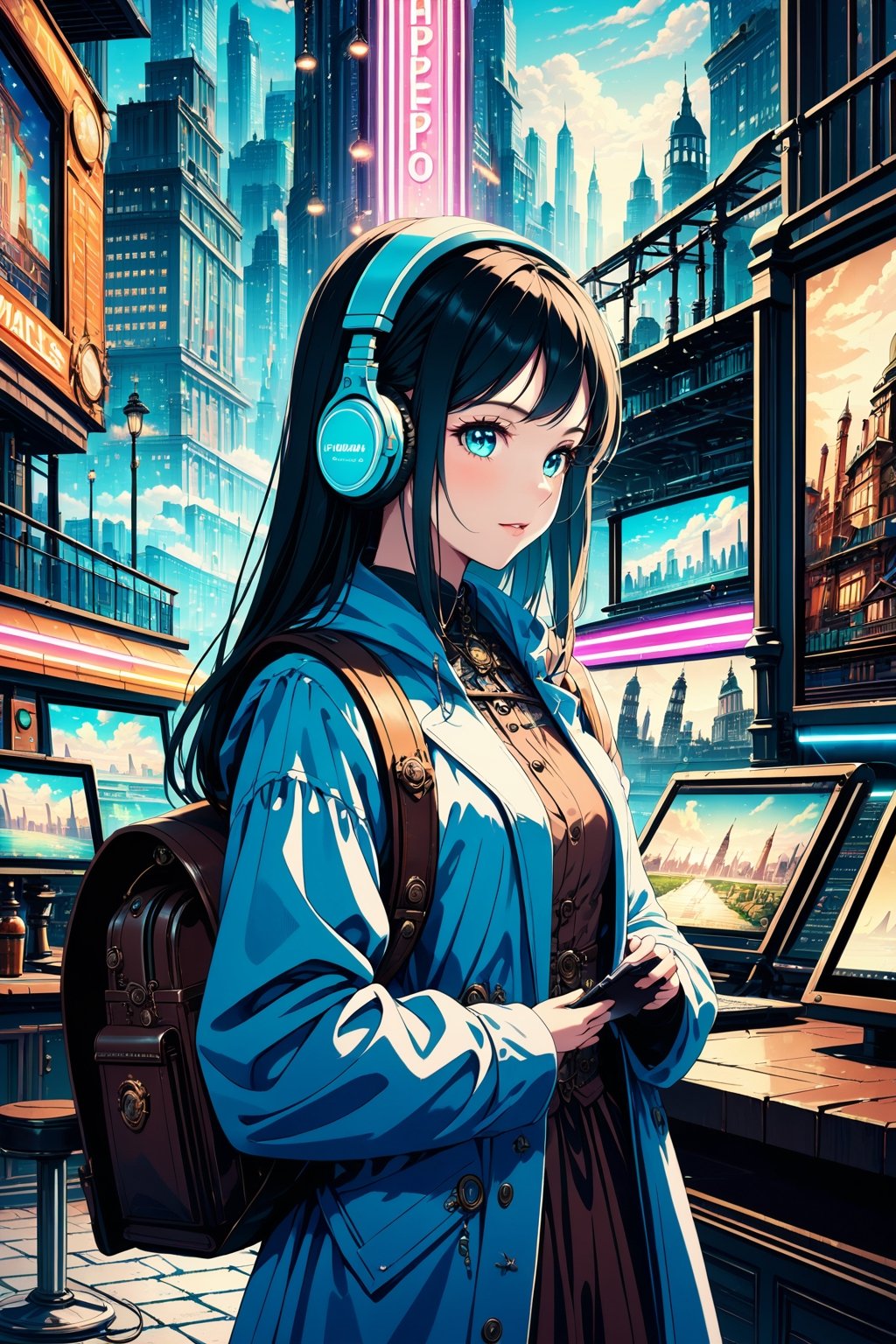 Dreampolis, hyper-detailed digital illustration, steampunk, single girl with techsuite hoodie and headphones in the street, neon lights, lighting bar, city, steampunk city, film still, backpack, in megapolis, pro-lighting, high-res, masterpiece