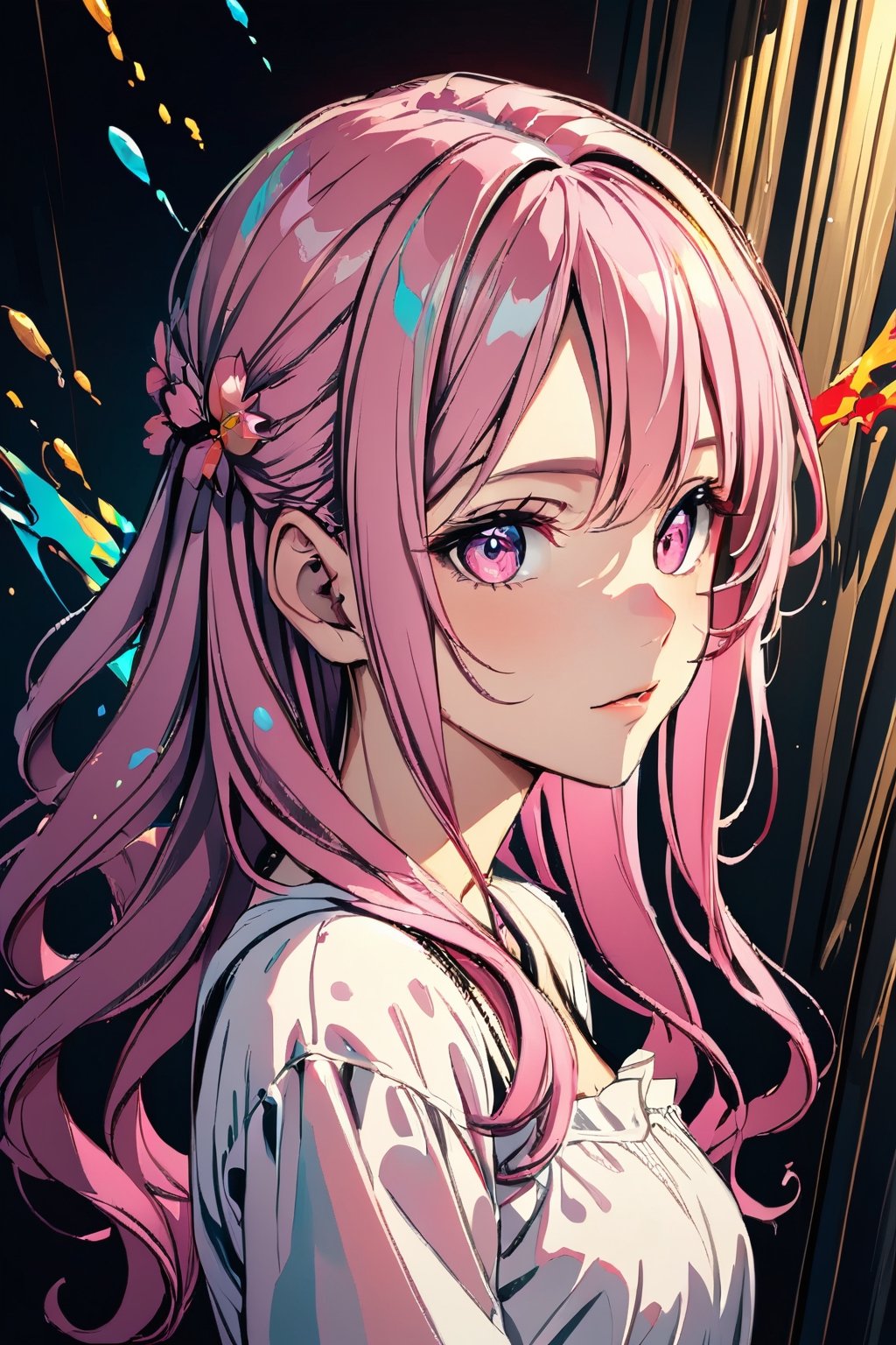 Light pink hair, pink eyes, pink and white, sakura leafs, vivid colors, white dress, paint splash, simple background, ray tracing, wavy hair