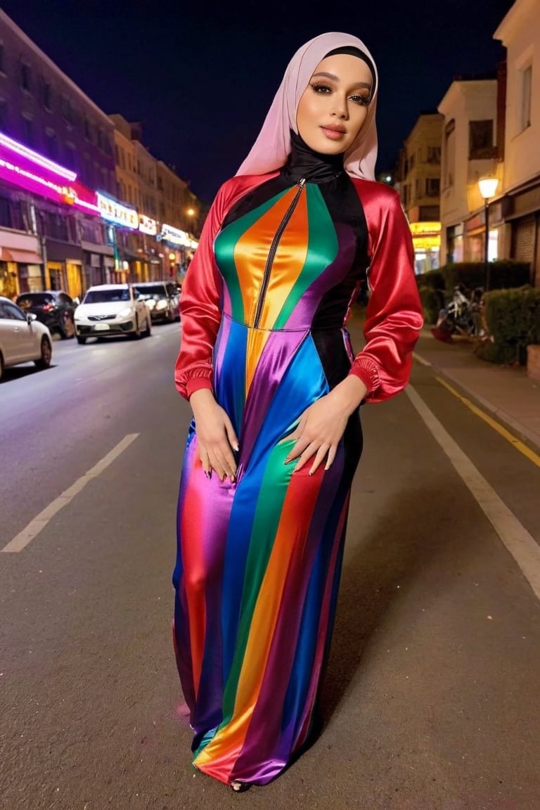 BBQ Femboy wearing rainbow satin dark shiny Longest Biggest Zipper dres suit  👗, Hijab rainbow, at night in the street among people ,flac-futa 