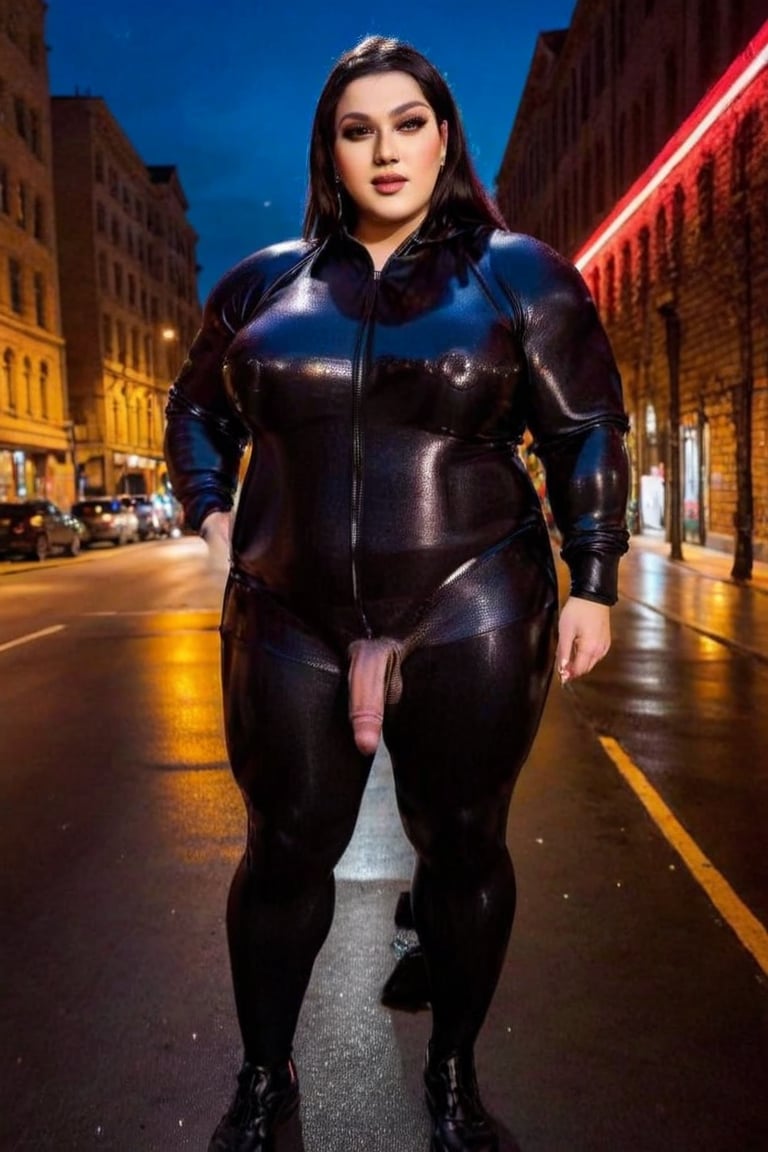 BBW Femboy wearing rainbow satin dark shiny Longest Biggest Zipper  suit  👗, Hijab rainbow, at night in the street among people , large flac-futa 