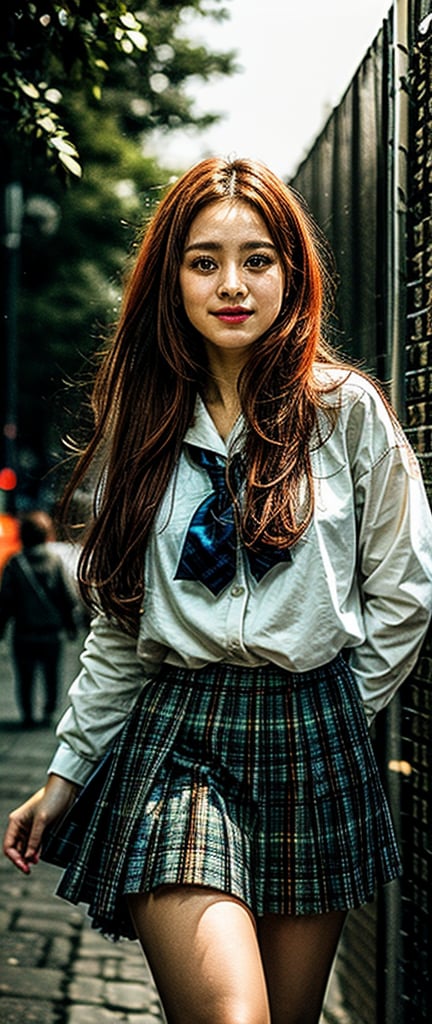 One girl, solo, orange-red hair, thin waist, looking into the eye of the beholder, (original photo, highest quality), (photo realism, photo realism: 1.3), highest quality, masterpiece, beautifully Aesthetic Target, 16K, (HDR: 1.4), High Contrast, (Vivid Colors: 1.4), (Soft Colors, Dull Colors, Muted Tones: 0), Cinematic Light, Fine Details and Textures, Cinema Warm colors, outdoor background, walking on the road at night, one-length hair, high school uniform, white sailor suit, tartan skirt, tartan tie, 16 years old, high school student, 8k wallpaper, bright colors, bright front Light, White Skin, (Masterpiece: 1.0), (Best Quality: 1.0), Ultra High Resolution, 4K, Ultra Detail, Photo, 8K, HDR, HD, Background Blur, Bokeh: 1.2, Lens Flare, (Vivid Colors : 1.2), professional photo, 1 woman, young idol pose, nice smile, realism,