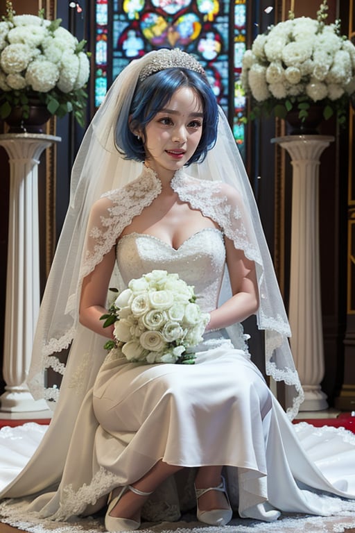 (1 beautiful woman, blue short hair, Rem, expensive detailed white wedding dress design by Francesca Miranda, white bride veil, long white gloves), walking to the altar, holding a bouquet, church location, wedding, celebration time, petals falling down, people sitting down background, priest in front of the spouse, close-up ,perfecteyes, smiling, shy,rem
