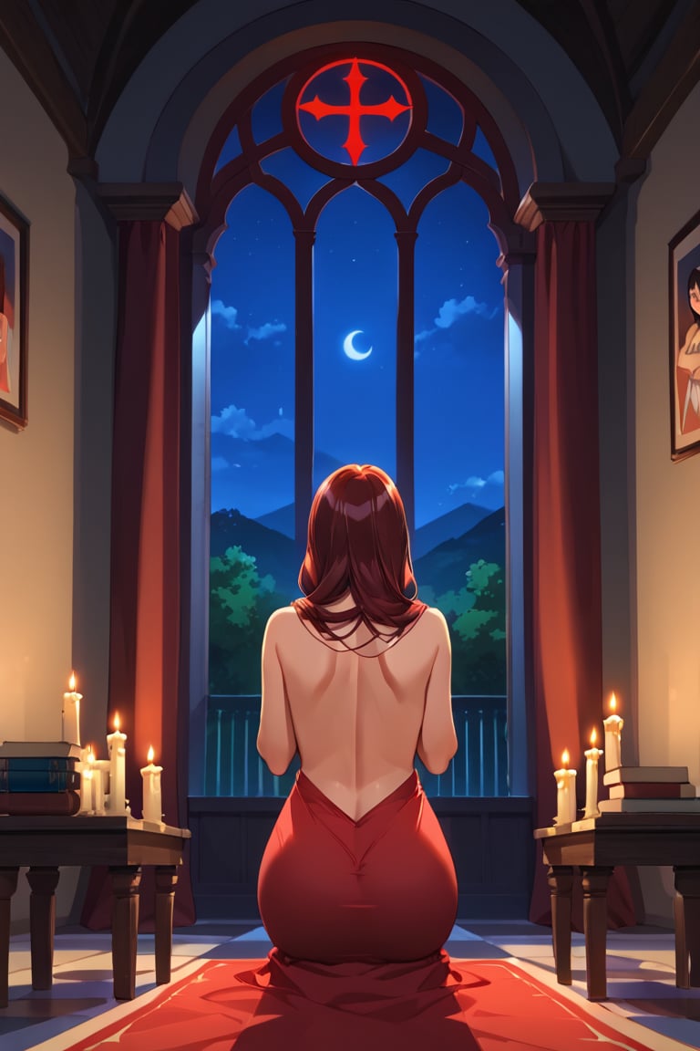 1girl, milf, mature_women,inoue orihime, red_hair; red_head, long_hair, longhair,dress, dress_white,see_trought,naked,scenery,night, ritual with candle, pray, praying, book of witchcraft, looking_at_camera