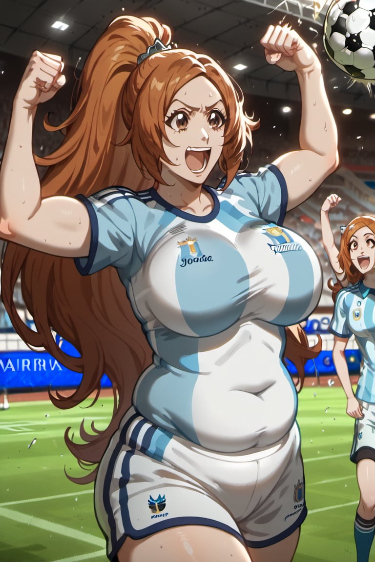 ⚽️, 1girls, orihime Inoue (brown eyes)(chubby female)(mature)(cougar),beautiful woman, long light a high ponytail. Light brown eyes.  Sport clothes, shorts and t-shirt(argentina national soccer team). Sporty. Soccer.background tribunein,the middle of the stands, in the middle of the stands watching the game, cheering and shouting holding the championship cup