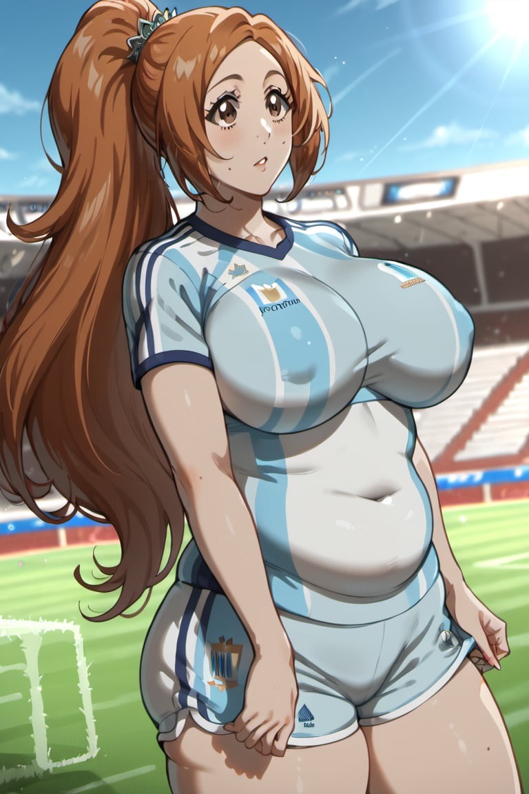 ⚽️, 1girls, orihime Inoue (brown eyes)(chubby female)(mature)(cougar),beautiful woman, long light a high ponytail. Light brown eyes.  Sport clothes, shorts and t-shirt(argentina national soccer team). Sporty. Soccer.